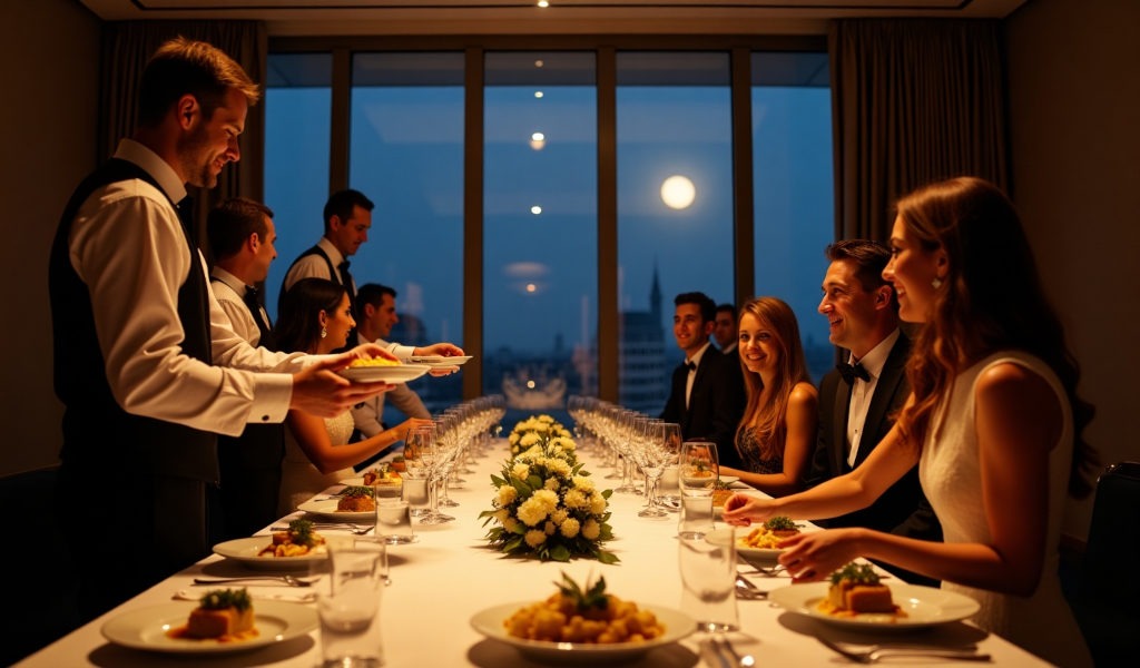 Servindo o jantar de casamento aos convidados