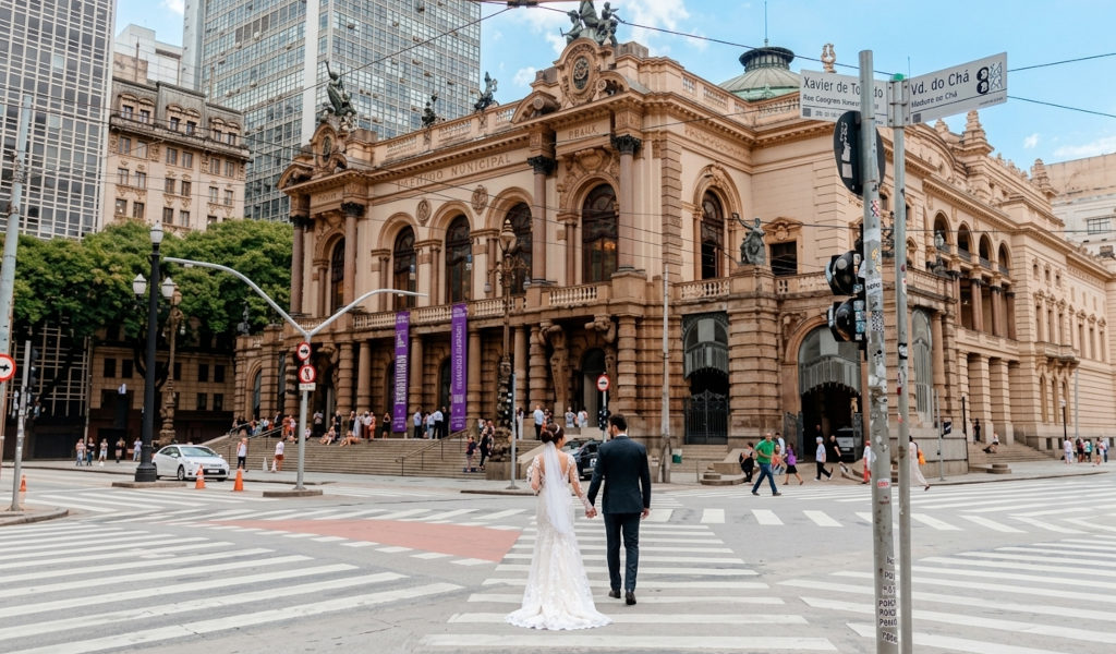 Ensaio fotográfico de noivos no centro de São Paulo (imagem gerada/modificada com IA)