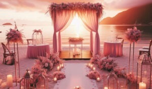Noiva 4.0: 5 Dicas para Usar a Inteligência Artificial nos Preparativos do Casamento Decoração de casamento praiano ao por do sol. Imagem gerada por IA