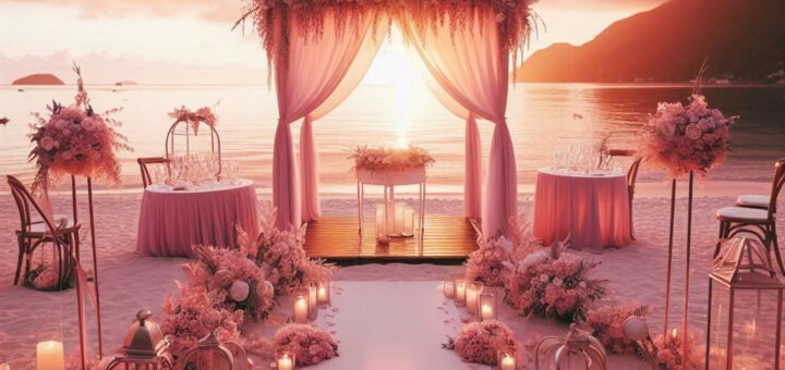 Decoração de casamento praiano ao por do sol. Imagem gerada por IA